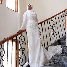 Modest Muslim Mermaid Wedding Dresses Bridal Gowns Long Sleeves With Lace Appliques Slim Custom Middle East Custom Robe De Mariage