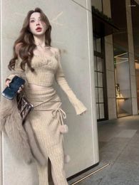 Work Dresses Off Shoulder Long Sleeve Hanging Neck Knit Pullover For Women Autumn Split Wrap Hip Half Skirt Light Mature Style Two Piece Set