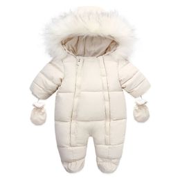Rompers Winter Baby Jumpsuit Thick Warm Infant Hooded Inside Fleece Rompers born Boy Girl Overalls Outerwear Kids Snowsuit 231101