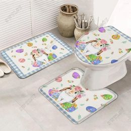 Bath Mats 3 Piece Non Slip Mat Spring Easter Eggs And Flower Decor Floor Doormat-Water Absorbent Toilet Lid Cover U-Shaped