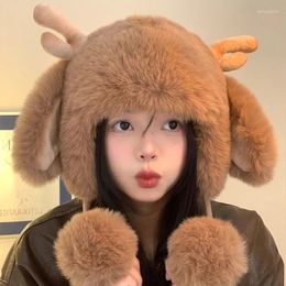 Berets Cute Antlers Big Ears Plush Hats For Women Autumn And Winter Korean Sweet Versatile Show Face Small Thickened Warm Bomber Cap