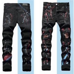 Mens Robin Jeans Ripped Denim Pants Skinny fit Slim stretch Men's Miri Painted Knee Crystals Holes Jean Trousers Patchwork size 29-38