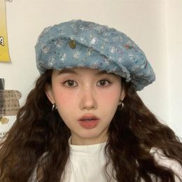 Berets Korea Vintage Beret Y2k Sequin Denim Fabric Star Sboy Hat Painters Hats Caps Fold Tie Dyeing Hip Hop Punk Accessories