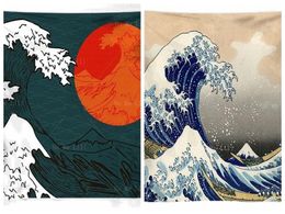 Tapestries Japanese Tapestry Wall Hanging Art Decor Great Wave Kanagawa Original Red Sun Green Background For Living Room Bedroom