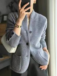 Womens Sweaters Office Knit Winter Thickened Cardigan Stand Up Collar Sweater Loose Coat Elegant Casual Chic Ladies Buttons Pockets jacket Tops 231102