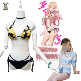 Anime My Dress-up Darling Marin Kitagawa Cosplay Costume Swimwear with Choker Women Sexy Bikini Set Suower Print Swimsuit cosplay