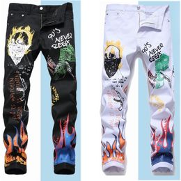 Mens Robin Jeans Denim Pants Skinny fit Slim stretch Men's Miri Skull fire Flame Print Jean Trousers Patchwork size 29-38