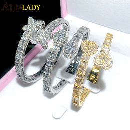 Charm Bracelets Iced Out Bling Opened Sparking CZ Heart Bracelet Gold Color Butterfly Oval Bangle For Men Women Luxury Hip Hop Jewelry 231102