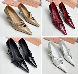 Flowing Cow Lacquer Leather Dress Shoes Pointed Toe Slim Heel Belt Buckle Sandals New Back Strap Wrap Versatile Wrap Style High Heel Single Shoes