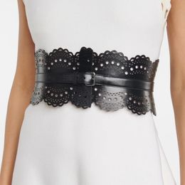 Belts Cut out carved leather waist clre pin buckle wide belt dress geometric decoration silver 231101