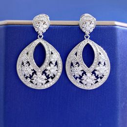 Hollow Flower Diamond Dangle Earring 100% Real 925 sterling silver Wedding Drop Earrings for Women Promise Engagement Jewellery