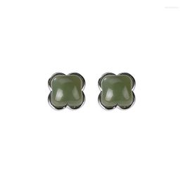 Stud Earrings 925 Sterling Silver Natural Hetian Gray Jade Ear Studs Retro Personality Simple Temperament Four-leaf Clover Women's
