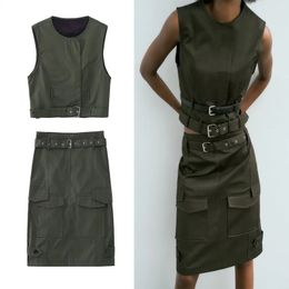 Women s Vests TRAF Woman 2 Pieces Sets Cropped Belted Vest Round Neck Sleeveless Chic Metal Buckle Belt Crop Vest Midi Pocket Skirt Set 231101