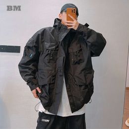 Men's multi pocket hooded freight jacket mountain series outdoor Japanese street clothing waterproof jacket Harajuku casual top
