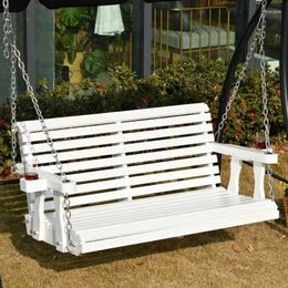 Camp Furniture White Porch Swing With Chains And Cupholders 2 Person Wooden Patio Chair Weight Capacity For Garden Poolside Backyard