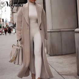 Womens Wool Blends Madam Winter Fashion Warm Long Jacket Female Elegant Straight Woolen Women Solid Color Lapel Plush Cardigan Coat 231101