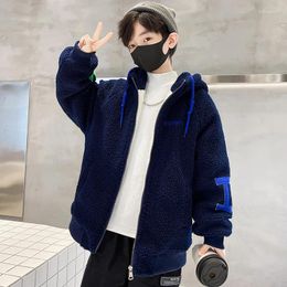 Jackets 2023 Winter Boy Fashion Mao Hooded Coat Big Korean Letter Embroidery Plus Velvet Padded Plush Cotton-padded