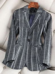 Women's Suits Gray Blue Striped Ladies Slim Formal Blazer Women Female Long Sleeve Single Button Business Work Wear Jacket Coat