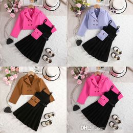 2023 Autumn New Kids Clothes Three Piece Dress Set Fashion Long Sleeve Suit Halter Sleeveless Long Skirt And Cute Waist Bag 3PCS Childern Clothing Sets