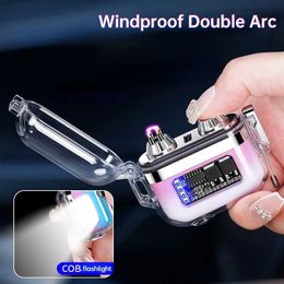 Lighters New Transparent Shell Type-c Dual Arc Lighter with LED Light Outdoor Windproof and Waterproof Pulse Cigarette Men's Tool