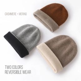 Beanie/Skull Caps Two Colours Reversible Cashmere Caps Heavy Thick Double Layer Knit Unisex Beanies Merino Wool Bonnet Warm Hat Cosy Outdoor Casual 231102