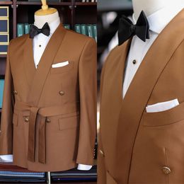 Men Suits 2 Pieces Slim Fit Casual Business Brown Shawl Lapel Formal Tuxedos For Wedding Groomsmen
