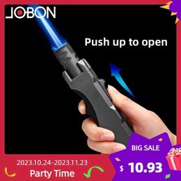 Lighters New JOBON Lighter Turbine Torch Strong Fire Power Blue Flame Straight Butane No Gas Metal Outdoor Windproof Kitchen BBQ