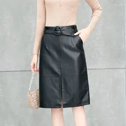Skirts Bandage Real Leather Skirt Women Sexy Bodycon Clubwear High Waist Vintage Mid-length Office Pencil Package Hip Clothing T808