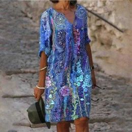 Womens Casual Dresses Spring Summer Loose Print Mid Sleeve V Neck Cotton And Linen