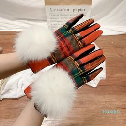 Five Fingers Gloves Women's Cashmere Gloves Ladies Touch SCREEn Furry Fur Ball Plaid Wool Driving Glove Female Mittens