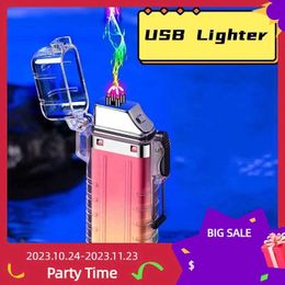 Lighters New Outdoor Windproof Plasma USB Pulse Flameless Double Arc Lighter Transparent Body Waterproof Electric Gift for Men