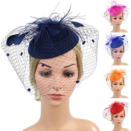 Handmade Women Chic Fascinator Hat Cocktail Wedding Party Church Headpiece Headwear Fishnet Feather Hair Hoop Hair Accessories