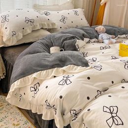 Bedding Sets Bow Princess Style Ins Cotton Milk Velvet Bed Four-piece Winter Flannel Coral Fleece Quilt Cover Sheet Plus