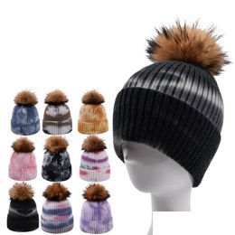 Berets Berets Winter Warm Ribbed Knit Hat With Detachable Fluffy Pompon Gradient Tie Dye Printing Harajuku Windproof Drop De Dhgarden Dhsmy