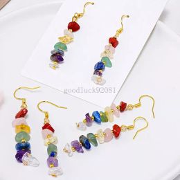 Natural Crystal 7 Chakra Stone Earrings Multicoloured Gravel Chip Gemstone Gold Hook Earrings for Women