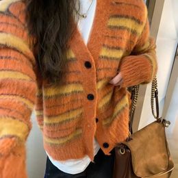 Women s Knits Tees Mohair Striped Cardigan Fuzzy Wuzzy Border V Neck Button Up Knitted Sweater Jacket Women Unisex Autumn Winter 231101