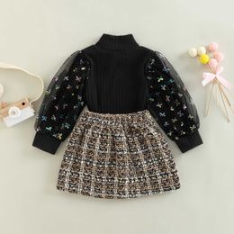 Autumn Kids Toddler Girls 2Pcs Outfit Sets Black Long Sleeve Mesh Patchwork Tops with Button A-line Skirt Clothes