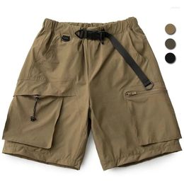 Men's Shorts Summer Ice Silk Men Buckle Belt Vintage Multi Pocket Elastic Waist Work Quick Dry Capris Pants Fashion Streetwear