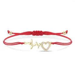 Charm Bracelets CZ Crystal Copper Heart Beat Bracelet Women Gold-plated Brass EKG Cubic Zirconia Red String Handmade Jewellery Gift