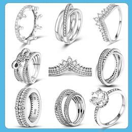 925 Silver Women Fit Pandora Ring Original Heart Crown Fashion Rings Crossover Pave Triple Band Ring for Women CZ Zircon Fine