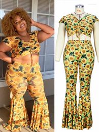 Ethnic Clothing 2 Piece Women Summer Set Dashiki African Clothes V-Neck Sunflower Print Tie Crop Top And Flared Pant Suits Lady Matching