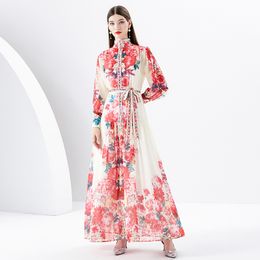 Women Designer Elegant Floral Maxi Dress with Belt Spring Autumn Stand Collar Lace Up Waist Vacation Bohemian Dresses Lantern Sleeve Cute Party Frocks