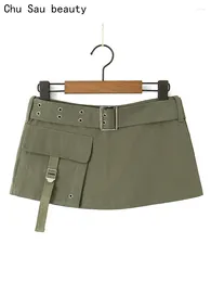 Skirts 2023 Women Summer Fashion Streetwear Solid Pockets Mini Skirt Sexy Slim Low Waist Shorts Chic Sashes Super Short Skorts