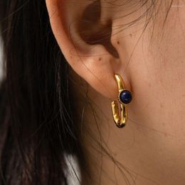 Hoop Earrings Vintage C-shaped For Women Design Inlay Natural Stone Ladies Stainless Steel Jewellery Pendientes
