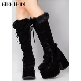 Boots RIBETRINI Punk Goth Women Boots Fur Halloween Cosplay Chunky Block Heel Platform Shoes Knee Designer Party Warm Boots 231101