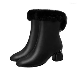 Boots Leather Fur Women 2023 Fashion Ladies Soft Middle Heel Thick