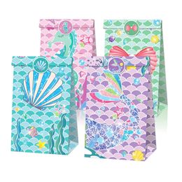 Gift Wrap 12pcs Mermaid Theme Candy Box Favour Cookie Gift Bag with Stickers Kids Little Mermaid Birthday Party Decor Baby Shower Supplies 231102