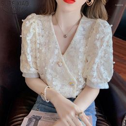 Women's Blouses Hook Flower Hollow Tops Summer Women 2023 Puff Sleeve Beading V-neck Fashion Lace Shirt Short Blusas 15134