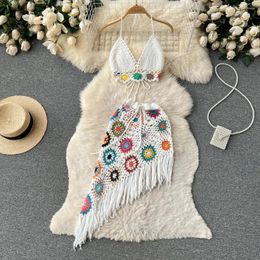 Work Dresses Summer Bohemian Knitted Hollow Hook Flower Halter Neck V-neck Tube Top Irregular Skirt Two-piece Suit