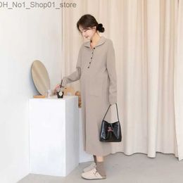 Maternity Dresses Autumn and winter maternity dress Korean version lapel maternity dress sweater dress loose large size stretch dress Q231102